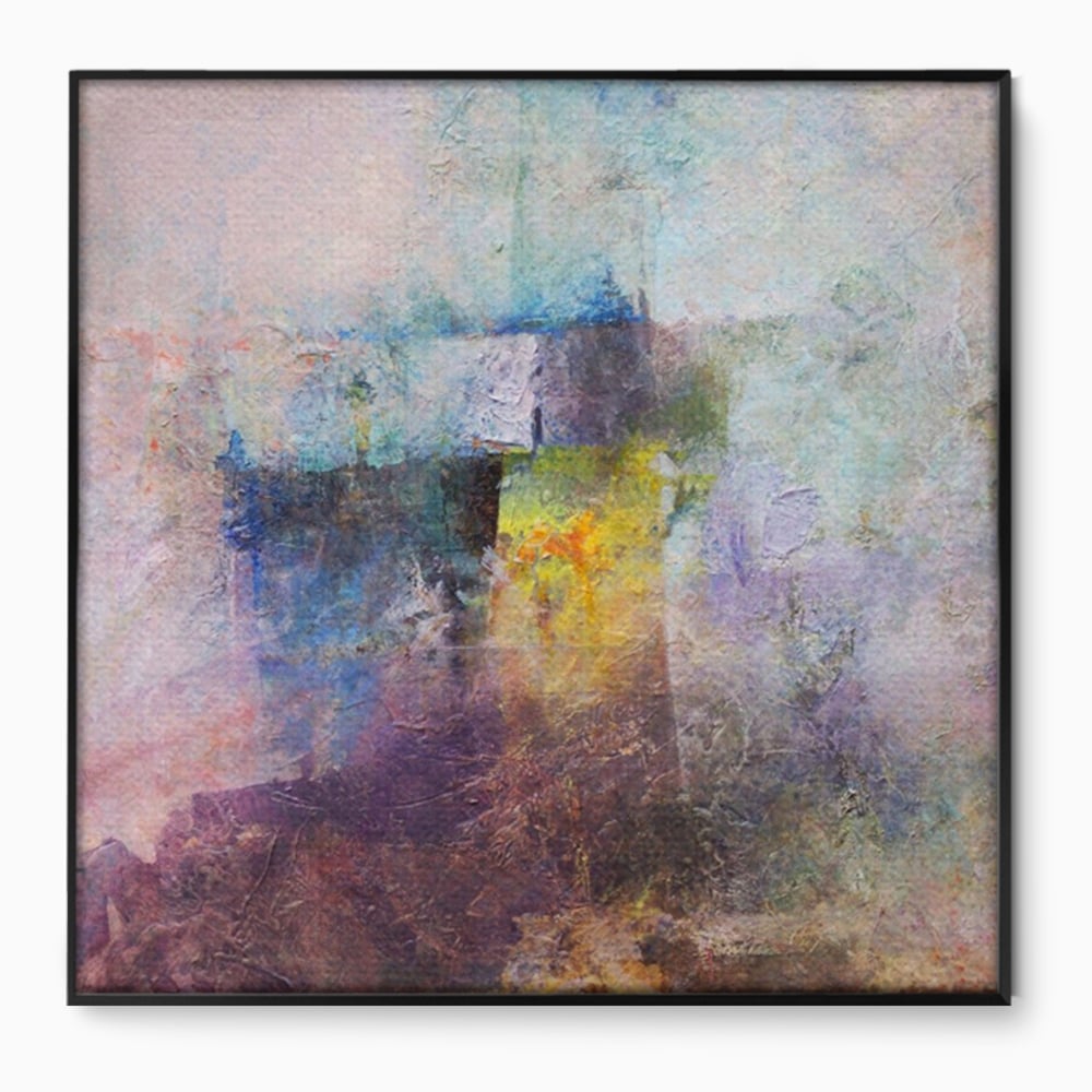Tablou canvas cu pictura abstracta cu pete mov si albastre, in rama de aluminiu negru